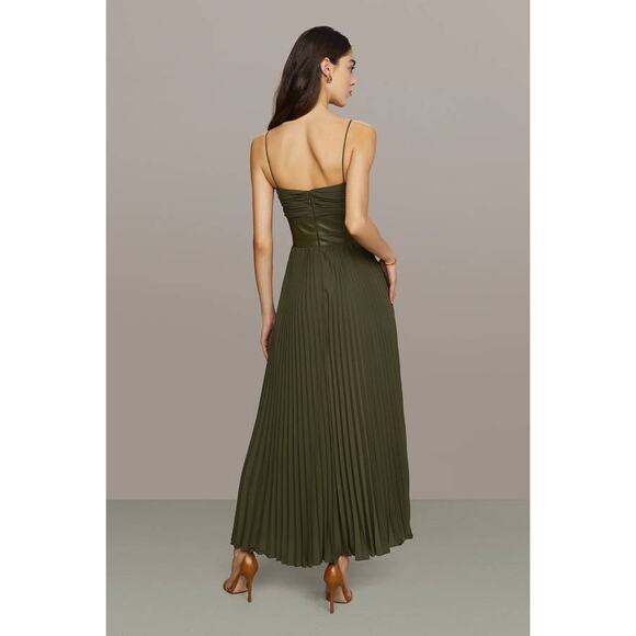 AMUR Linda Leather Crepe Midi Dress Olive Green 8 Sleeveless Cocktail Fit Flare - Picture 6 of 7